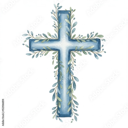 A gently painted watercolor image shows Christian cross in muted blues, accented with delicate green leaves and tiny berries, set against bright white backdrop.