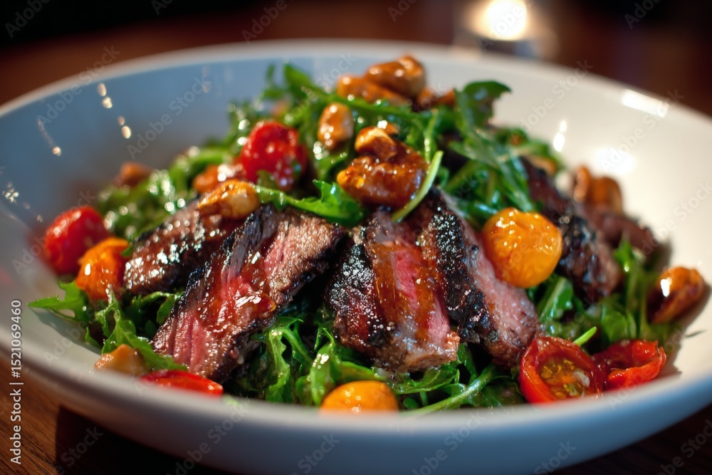 Freshly prepared steak salad with arugula, cherry tomatoes, and candied nuts served at a cozy restaurant setting Freshly prepared steak salad with arugula, cherry tomatoes, and candied nuts served at a cozy restaurant setting