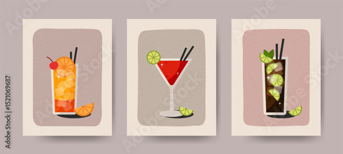 Minimalist summer cocktail posters with vintage texture. Set of creative alcohol drinks illustrations for menu, flyer, or banner design. Suitable for restaurants, bars, and summer celebrations