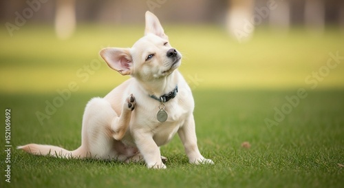 Adorable Puppy Itching Its Ear on Green Grass with Collar and Tag