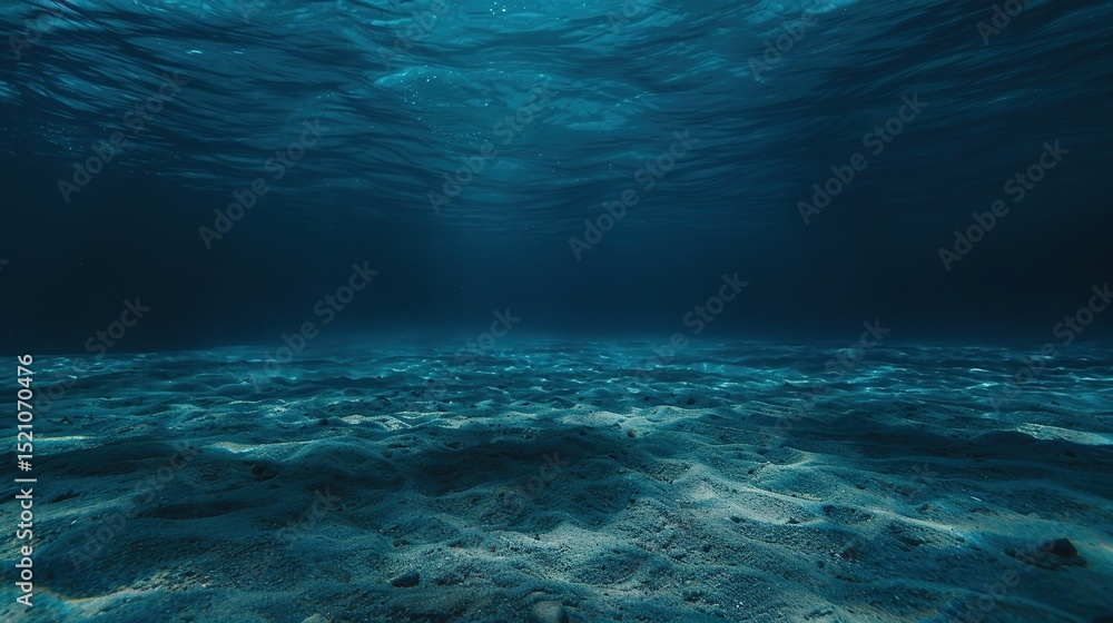 Vast Underwater Ocean Floor Landscape in Deep Blue Tones: Empty Sandy Seabed Centerpiece in Wide-Angle Underwater Photography – Serene Marine Depths with Subtle Abyssal Textures Vast Underwater Ocean Floor Landscape in Deep Blue Tones: Empty Sandy Seabed Centerpiece in Wide-Angle Underwater Photography – Serene Marine Depths with Subtle Abyssal Textures