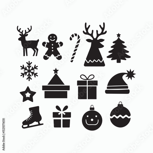 Christmas Icon Silhouette Set – Holiday Vector Collection with Tree, Gifts, and Decorations