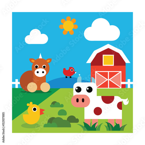Cartoon Farmyard Scene with Cows and Chickens