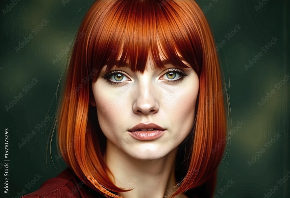 Obraz premium female model with smoky eyes and a blunt fringe against a blurred green background, with a mysterious, alluring look.
