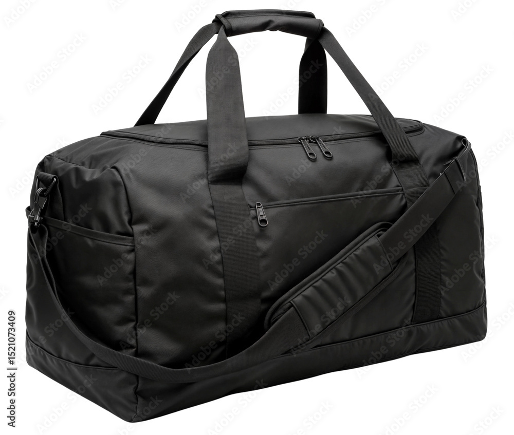 Naklejka premium Spacious black sports duffel bag with a shoulder strap for gym or travel