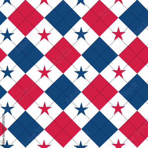 Blue and red argyle with stars seamless pattern on white background. For American holidays celebrations, fourth of July fabric and textile