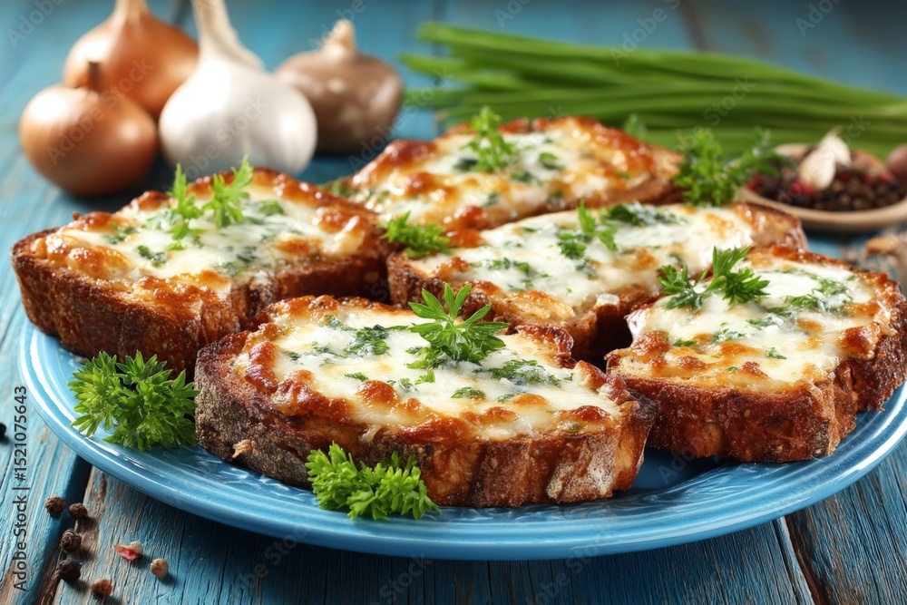 Deliciously baked cheesy garlic bread with herbs served on a blue plate Deliciously baked cheesy garlic bread with herbs served on a blue plate
