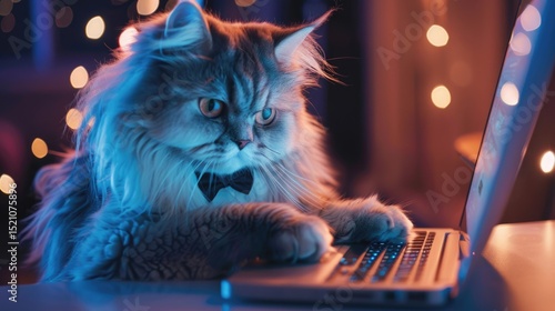 Fluffy cat wearing bow tie typing on keyboard with colorful neon lights and bokeh background