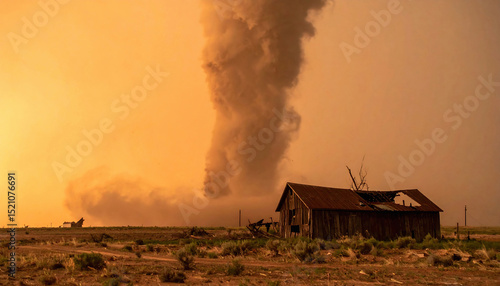 Dramatic scenery of an old abandoned barn near a distant tornado in a golden hued prairie. Evokes disaster, weather hazards, and rural decline. Usable for storytelling  concepts.