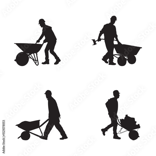construction worker with wheelbarrow vector silhouette set man carrying loader with goods at warehouse. farmer pushing cart. black illustration isolated on white background