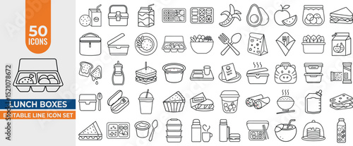 50 Editable Vector Line Icons for Lunch Boxes, Snacks, Sandwiches, Food Containers. Editable stroke. Vector illustration