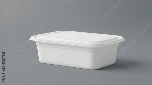 Blank white, rectangular, disposable plastic container for butter, margarine spread, cheese isolated side, perspective view 3d realistic vector illustration. Dairy food product sealed packaging mockup