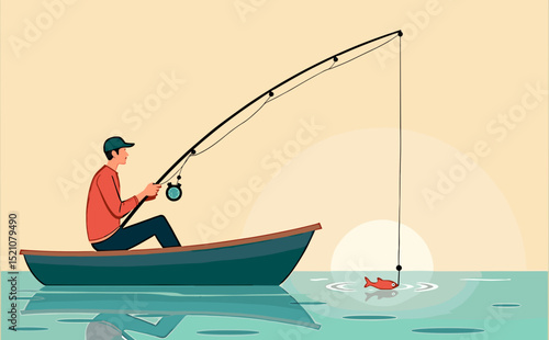 Vector fisherman catching a fish from a boat at sunset on a tranquil water background