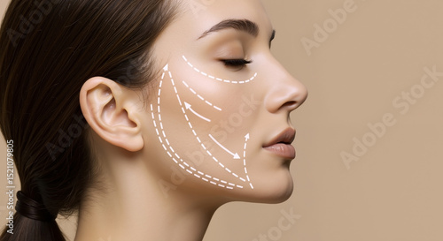 Side view of woman face with white lifting lines on beige background, facial contouring and aesthetic medicine concept with copy space