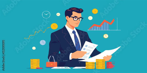 Business pro reviews financial charts and coins, focused on investments, stocks, and money management.
