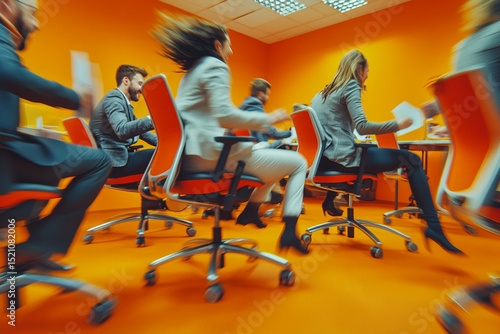 Funny office scene with business people racing in swivel chairs, motion blur and bright orange tones create a dynamic and playful atmosphere. AI generated.