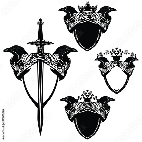two raven birds head and wing with heraldic shield, king crown, knight sword and rose flowers - medieval style fantasy coat of arms vector design set