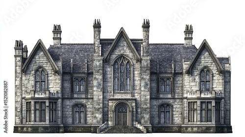 A majestic, grey stone mansion with Gothic architectural features, including pointed arches, numerous windows, a steeply pitched roof, and multiple chimneys, set against a stark white background