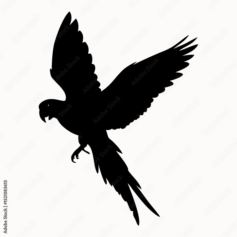 Obraz premium Flying macaw parrot silhouette logo. Black icon exotic bird isolated on white background. Vector illustration side view