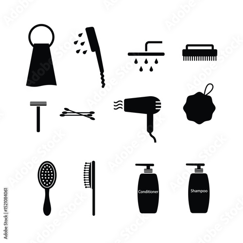 Silhouette icon set of hairdryer, hairbrush, loofah, towel, shower, shampoo, conditioner, cotton buds, razor, and other hygiene items