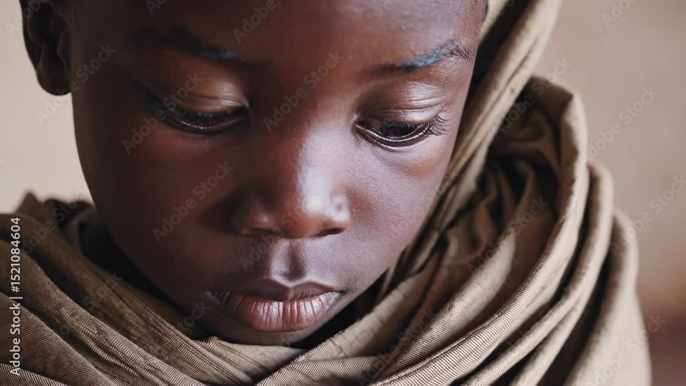 Close up of a thoughtful african child wearing a light brown scarf, looking down with an introspective expression Close up of a thoughtful african child wearing a light brown scarf, looking down with an introspective expression
