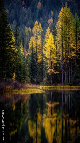 forest lake reflecting vivid fall colors, vertical scene