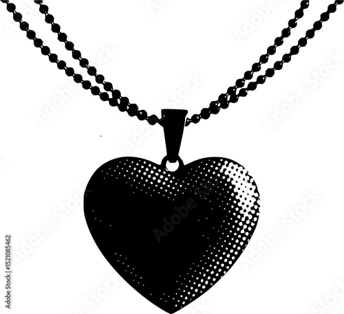 Heart-shaped pendant necklace in halftone stipple effect. Retro photocopy texture with grunge and punk rock aesthetics. Vector illustration for nostalgic and gothic-themed designs