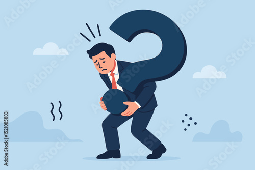 Businessman struggling under burden of uncertainty, carrying huge question mark. Metaphor for business challenge, problem, doubt, stress, risk, financial pressure, and complex decision making.