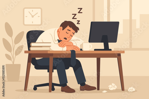 Tired office worker sleeping at desk, exhausted businessman napping during work hours. Burnout, procrastination concept. Overworked employee, fatigue, stress at workplace. Vector illustration.