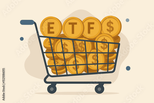 ETF Exchange Traded Fund investment concept. Shopping cart full of gold dollar coins. Financial growth, wealth building, stock market assets. Buying funds, investing money for profit.