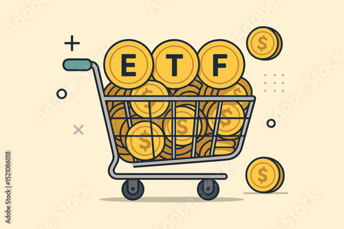 ETF investment. Exchange Traded Fund. Shopping cart with gold dollar coins. Financial growth. Wealth accumulation. Stock market savings. Passive income. Finance concept. Vector illustration.