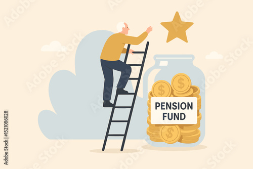 Reaching retirement goals. Senior citizen climbing ladder to success star. Pension fund jar with gold coins. Financial planning for future. Investment, savings, wealth accumulation. Elder security.