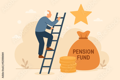 Reaching retirement goals, senior man climbs ladder to success, pension fund savings and investment. Financial planning for future security, achieving wealth and a golden star.