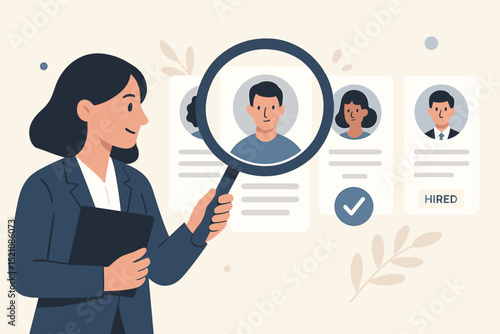 Recruitment concept with HR professional. Woman using magnifying glass to select job candidates from profiles. Hiring decision, employee selection, talent acquisition, workforce staffing vector.