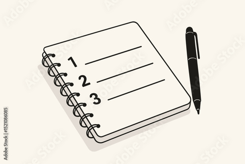 Minimalist wire-bound notebook with numbered task list and pen. Simple vector illustration for productivity, planning, organization, daily goals, education, business, and school.