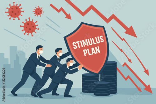 Economic protection strategy: Business team with face masks deploys 'Stimulus Plan' shield, combating financial crisis, pandemic recession, market decline, and virus impact. Government support.
