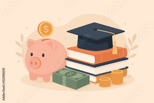 Education savings strategy. Piggy bank, graduation cap, textbooks, money stacks. College fund investment, university tuition planning, student financial aid. Academic scholarship funding.