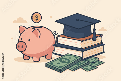 Education savings planning concept with piggy bank, graduation cap on books, and money. College fund investment for future studies, tuition fees, and scholarship. Financial literacy for students.
