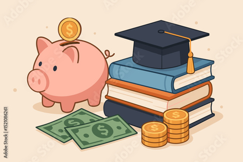 Education savings plan concept. Piggy bank with graduation cap, books, and money. College fund investment, tuition fee planning, student loan, scholarship. Financial literacy, academic success.
