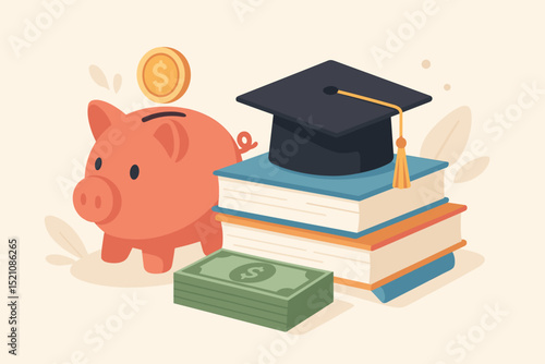 Education savings plan concept. Piggy bank, graduation cap on books, money stack, coin. Financial planning for college fund, university tuition, student loan. Investment in academic future.