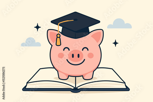Happy piggy bank wearing graduation cap on open book. Concept for education savings, college fund, tuition fees. Student financial planning, investment in knowledge, academic future success.