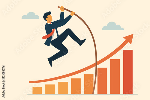 Business success metaphor. Pole vaulting businessman over growing bar chart. Career growth, ambition, overcoming challenges. Financial achievement. Strategy, development, reaching goals. Upward trend.
