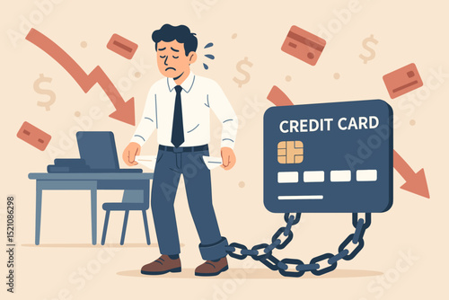 Shackled by debt: Stressed businessman with empty pockets chained to giant credit card. Financial crisis, bankruptcy, money problems, economic downturn, loan burden concept illustration.