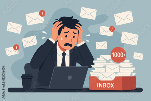 Stressed Businessman Overwhelmed by Email Overload. Frustrated Man with Anxiety from Excessive Inbox Messages. Modern Communication Challenges and Digital Stress Concept.