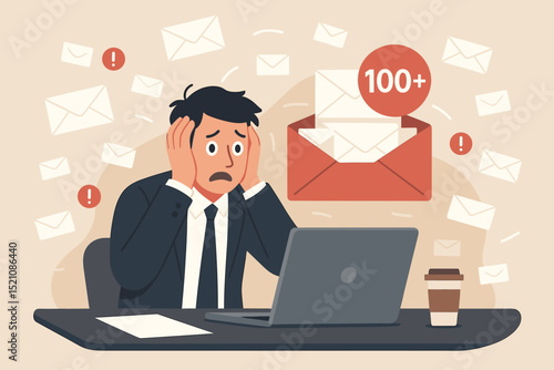 Email overload anxiety concept. Stressed businessman overwhelmed by too many messages, notifications in inbox. Work pressure, information flood, office burnout, digital fatigue. Vector illustration.