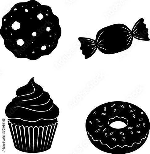 sweet icons, vintage, cookie, candy, cupcake, donut, vector illustration	