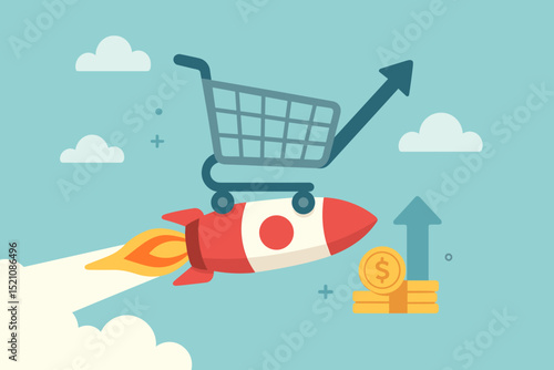 Rocket shopping cart e-commerce sales boost. Business growth concept. Startup launch financial success. Money coins increase. Fast online store market expansion. Rapid delivery metaphor. Vector.