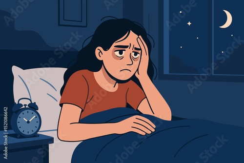 Woman struggling with insomnia, wide awake in bed at night. Exhausted female character with sleep problems, stress, and anxiety. Mental health, fatigue, sleep deprivation concept. Vector.
