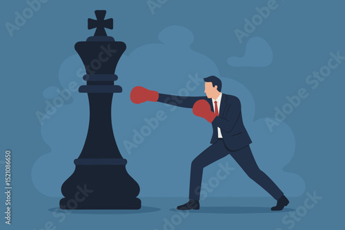 Businessman in boxing gloves punches large king chess piece. Metaphor for business strategy, challenging leadership, competition, overcoming obstacles. Corporate battle, ambition, fight vector.