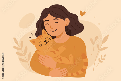 Young woman lovingly hugging her cute orange tabby cat. Pet therapy illustration, concept of emotional support, animal companionship, comfort, and care. Happy girl and her beloved kitten.